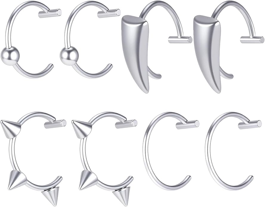 8pcs Adjustable Fake Lip Piercing Vampire Teeth Ring for Halloween,3D Fake Lips Ring Set, Stainless Steel Non-Piercing Lip Cuff Jewelry for Men and Women, Silver