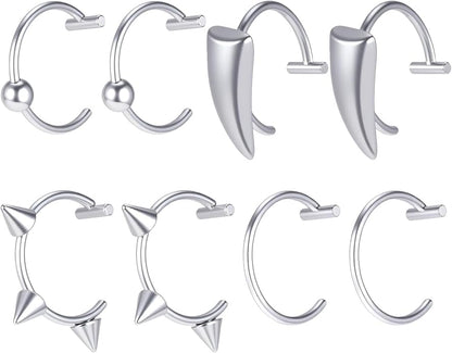 8pcs Adjustable Fake Lip Piercing Vampire Teeth Ring for Halloween,3D Fake Lips Ring Set, Stainless Steel Non-Piercing Lip Cuff Jewelry for Men and Women, Silver