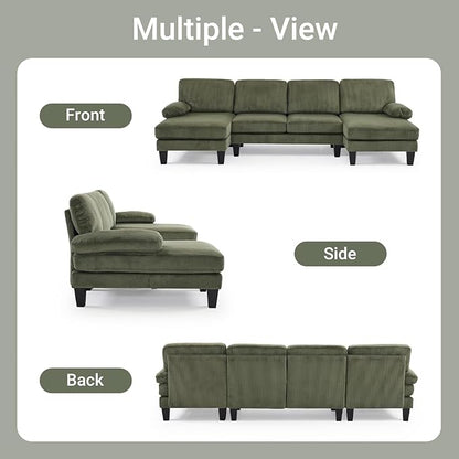 VINGLI 110" Sectional Couches for Living Room,U Shaped Couch with Double Chaise, 4-Seat Sofa Set with Corduroy Fabric for Home Furniture,Green