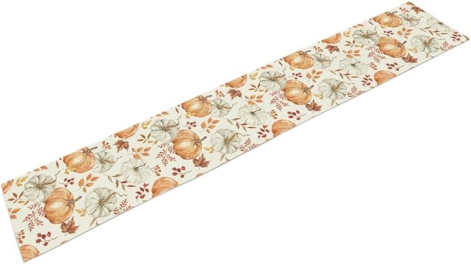 Pumpkin Table Runner Fall Orange White Colorful Leaves Berries Thanksgiving Watercolor Illustration Rustic Decor for Farmhouse Indoor Outdoor Party Holiday Dining Kitchen Restaurant Cafe W13xL90in