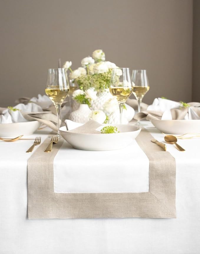 Solino Home Linen Table Runner 108 Inches Long - 100% Pure Linen Natural and White Dining Table Runner 14 x 108 Inch for Fall, Autumn, Thanksgiving, Christmas, Holiday, Winter - Contempo