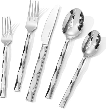 KINGSTONE Silverware Set, Luxury 30 Piece Flatware Set for 6, 18/10 Stainless Steel Cutlery Set with Diamond Cut Pattern for Kitchen, Home, Wedding, Party, Mirror Polished and Dishwasher Safe