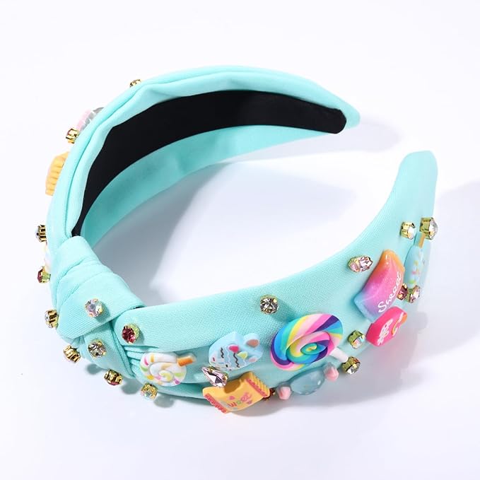Knotted Headband for Women Lollipop Candy Charms Crystal Jeweled Embellished Top Knot Hairband Statement Wide Turban Hair Hoop Funny Gifts for Girls Sister Birthday Xmas Holiday Party