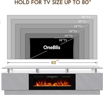 80" TV Stand & Entertainment Center, Media Console with Storage Cabinet, Fits TVs up to 90", Modern Living Room Furniture, 36" Electric Fireplace (Grey+Black)