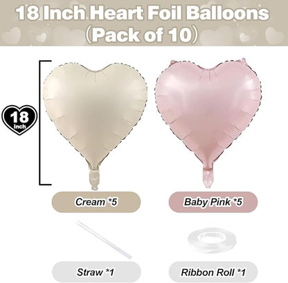 Pink White Heart Balloons, 18 Inch Baby Pink and Cream Helium Foil Heart Balloon 10Pcs Pastel Nude and Light Rosa Heart Shape Mylar Balloons for Boho Girls Women Birthday Baby Shower Bridal Valentines