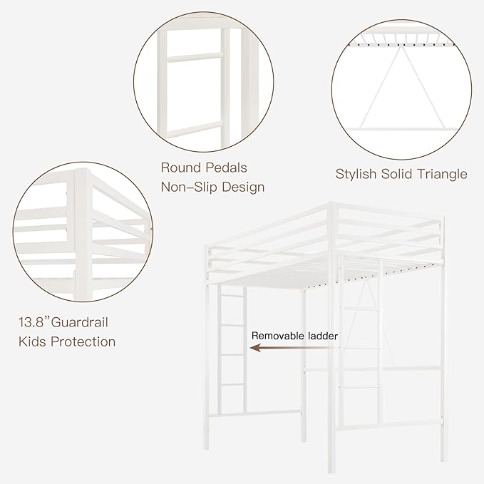 ikalido Metal Loft Bed Twin Size with Safety Guardrail and Ladder, No Box Spring Needed Space Saving Bedroom Furniture,Cream White