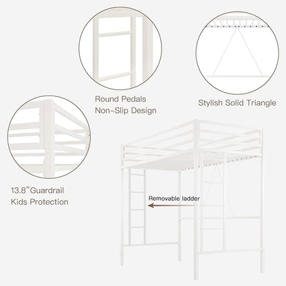 ikalido Metal Loft Bed Twin Size with Safety Guardrail and Ladder, No Box Spring Needed Space Saving Bedroom Furniture,Cream White