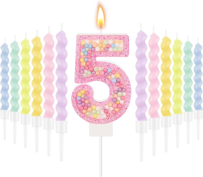 MTLEE Number 5 Birthday Candle with 12 Pcs Spiral Candles for Girls Macaron Pastel Rainbow Unicorn Pink Cake Topper for Sweet Theme Party Decoration