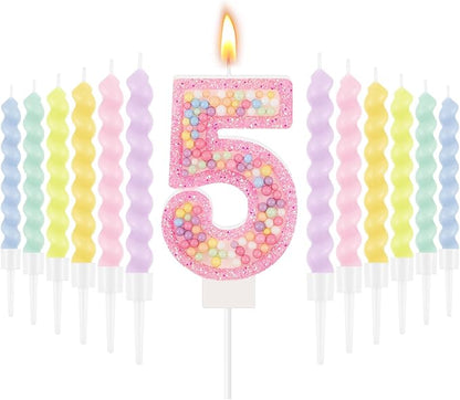 MTLEE Number 5 Birthday Candle with 12 Pcs Spiral Candles for Girls Macaron Pastel Rainbow Unicorn Pink Cake Topper for Sweet Theme Party Decoration