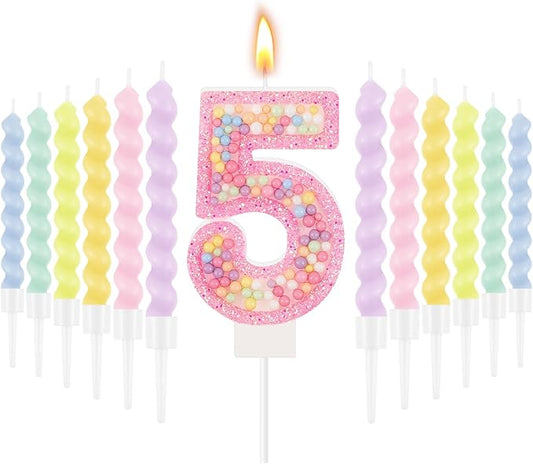 MTLEE Number 5 Birthday Candle with 12 Pcs Spiral Candles for Girls Macaron Pastel Rainbow Unicorn Pink Cake Topper for Sweet Theme Party Decoration
