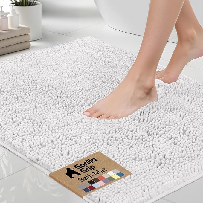 GORILLA GRIP Bath Rug Mat 44x26, Thick Soft Absorbent Chenille, Quick Dry Microfiber Mats, Rubber Backing Washable Shower Floor Rugs, Bathmat Runner, US Designed Bathroom Home Decor Accessories White