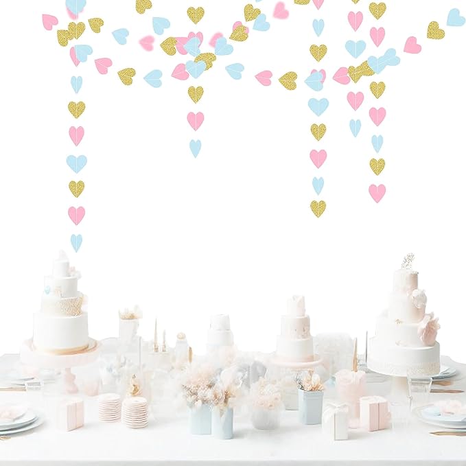 Blue Pink Gold Party-Decorations Gender-Reveal - 52Ft Paper Heart Streamers Garland Banner Hanging Decor Birthday Ideas Event Party Supplies