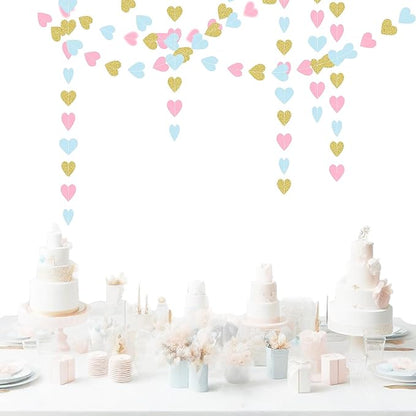 Blue Pink Gold Party-Decorations Gender-Reveal - 52Ft Paper Heart Streamers Garland Banner Hanging Decor Birthday Ideas Event Party Supplies