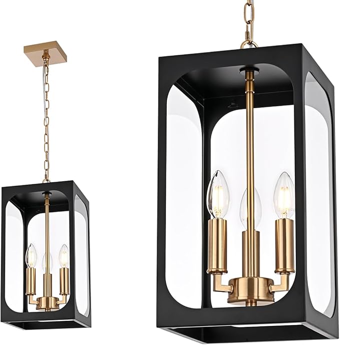 BONLICHT Black Outdoor Pendant Light Fixture 3 Light Modern Outdoor Chandelier with Clear Glass,Brushed Brass Outside Porch Lights Ceiling Hanging Exterior Pendant Lighting Fixture for Gazebo Foyer