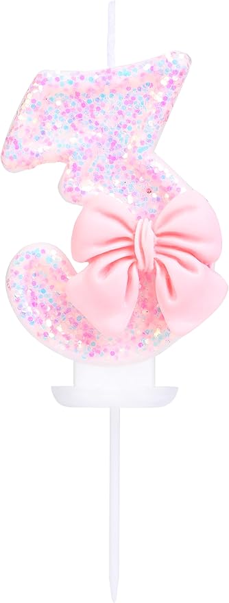 3 Birthday Candle with Pink Sequins and Bowtie, Pink 3 Cake Topper Decoration for Girls Pastel Sweet Theme Birthday Party or Adults Milestone Age