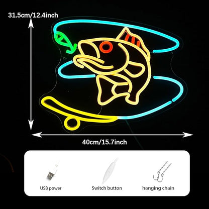 Fishing Neon Sign Dimmable Fish Neon Light for Wall Decor LED USB Powered Fishing Hook Lights for Fishing Gear Store Yacht Man Cave Living Room Boys Gifts(Multicolor 15.7‘’*12.4‘’）