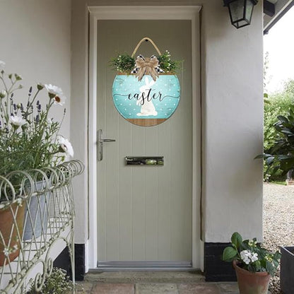 Boylee Easter Wooden Hanging Sign Easter Sign Door Decoration with Bow Rustic Easter Wood Wreath Sign for Easter Spring Holiday Home Coffee Shop Bakery Farmhouse Window