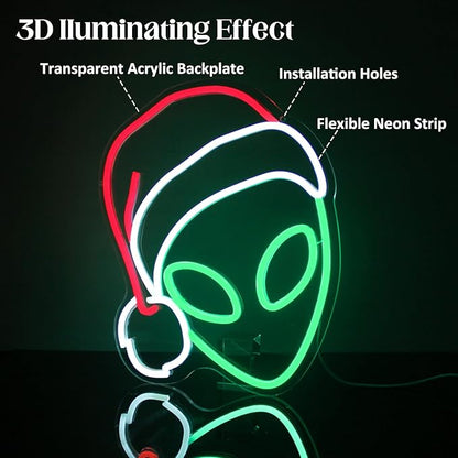 Christmas Neon Light Alien Neon Sign Green Red LED Sign Christmas Hat Neon Signs for Wall Decor Santa Hat Neon Lights for Bedroom Alien Decor Neon Wall Light for Xmas Party Decor