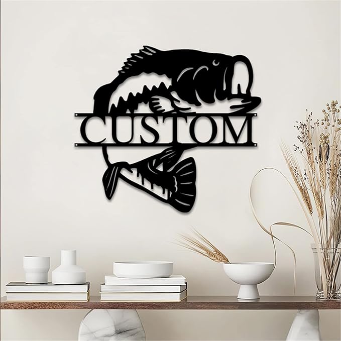 Custom Bass Fishing Wall Art LED Light Personalized Bass Fishing Name Sign Fishing Name Light Fisherman Husband Dad Father Gifts for Father's Day Valentine's Day (Monogram Fishing Sign)