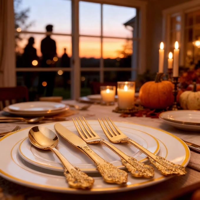 WDF 120PCS Gold Plastic Silverware - Heavy Duty Gold Plastic Cutlery Set Disposable Utensils - 40 Forks, 40 Spoons, 40 Knives, Perfect for Thanksgiving Party/Weeding and Daily Use