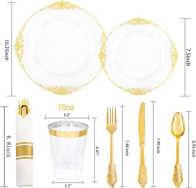 Hioasis 210pcs White and Gold Plastic Plates - Disposable Dinnerware Set Suitable for 30 Guests Include 10.25" Dinner & 7.5" Dessert Plates, Pre Rolled Silverware Set, Cups for Party & Wedding