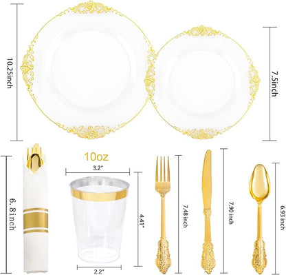 Hioasis 210pcs White and Gold Plastic Plates - Disposable Dinnerware Set Suitable for 30 Guests Include 10.25" Dinner & 7.5" Dessert Plates, Pre Rolled Silverware Set, Cups for Party & Wedding