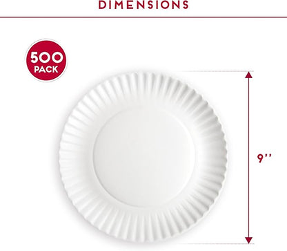 9-Inch Disposable Paper Plates - 500 Count - Bulk Pack of Uncoated Paper Plates for Everyday Use - Dinnerware for Meals, Parties And Picnics
