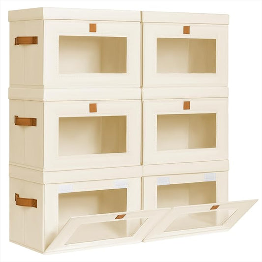 Small Fabric Storage bins - Collapsible Storage Bins with Open Window, 6 Pack Closet Baskets for Shelves, Stackable Decorative Boxes for Home, Dorm, Beige, 13.7"x 9.8" x 9.8"