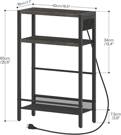 HOOBRO Small Narrow Side Table with Charging Station, Skinny End Table for Small Spaces, Slim Nightstand with USB Ports Outlet, Sofa Beside Table with Storage Shelf, Charcoal Black BC102UBZ01