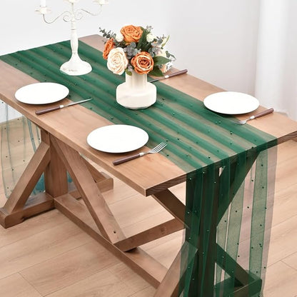 Dark Green Pearl Fall Thanksgiving Table Runner Boho Rustic Tulle Lace Table Runner for Baby Shower Wedding Arch Decor Veil Dessert Table Decor