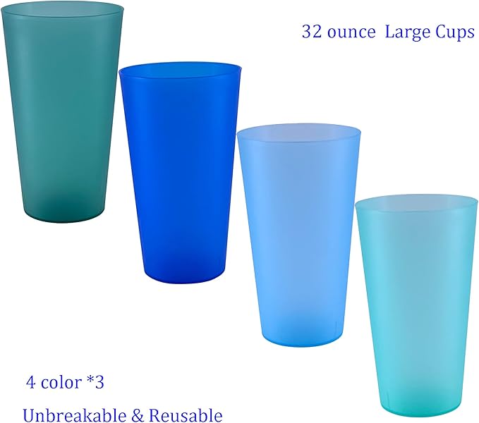 AOYITE 32 oz Reusable Drinking Cups, Unbreakable Large Plastic Tumblers set of 12, BPA Free Dishwasher Safe Cups for Kids Adult Kitchen Camping Party Outdoor