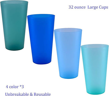 AOYITE 32 oz Reusable Drinking Cups, Unbreakable Large Plastic Tumblers set of 12, BPA Free Dishwasher Safe Cups for Kids Adult Kitchen Camping Party Outdoor