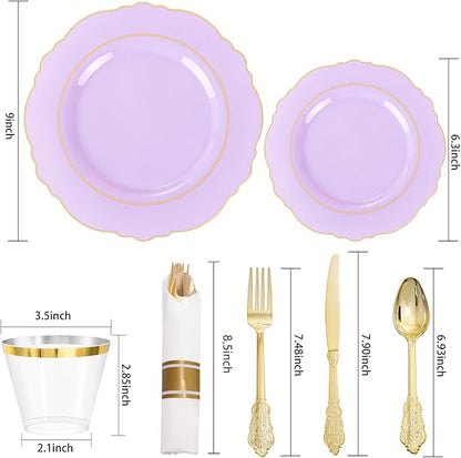 Liacere 350PCS Purple Plastic Plates - Disposable Light Purple and Gold Plates 50guest Baroque Plastic Dinnerware include 100Plates,50Pack Pre Rolled Napkins with Silverware 50Cups for Valentine’s Day