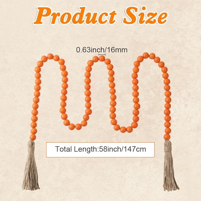 Wood Bead Garland 58 Inch Orange Wooden Beads for Boho Farmhouse Table Home Decor with Tassel, Wooden Prayer Bead, Rustic Country Boho Wall Hanging Decor for Kitchen Modern Living Room Tray Vase Shelf