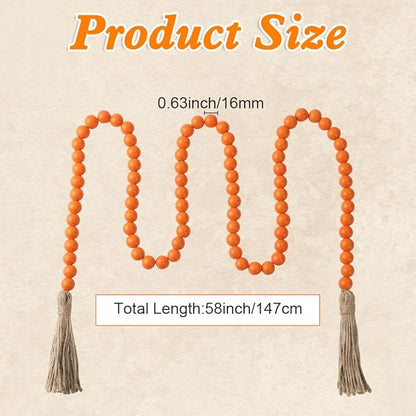 Wood Bead Garland 58 Inch Orange Wooden Beads for Boho Farmhouse Table Home Decor with Tassel, Wooden Prayer Bead, Rustic Country Boho Wall Hanging Decor for Kitchen Modern Living Room Tray Vase Shelf