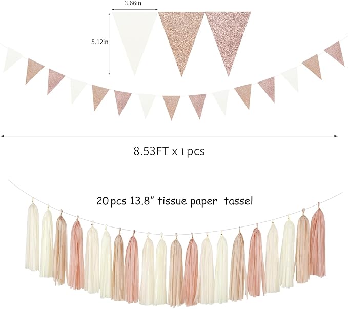 Champagne-Gold Beige Boho Baby-Shower Party-Decorations - 23pcs Fall Rustic Neutral Bridal Wedding Paper Tissue Pom Poms Streamers,Retro Tassel Garland,Girl Birthday Banner Decor Lasting Surprise