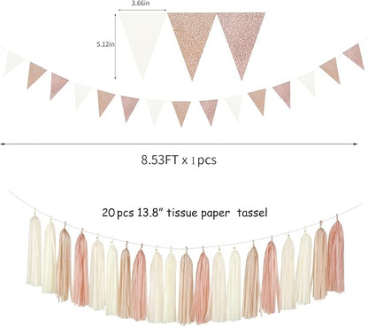 Champagne-Gold Beige Boho Baby-Shower Party-Decorations - 23pcs Fall Rustic Neutral Bridal Wedding Paper Tissue Pom Poms Streamers,Retro Tassel Garland,Girl Birthday Banner Decor Lasting Surprise