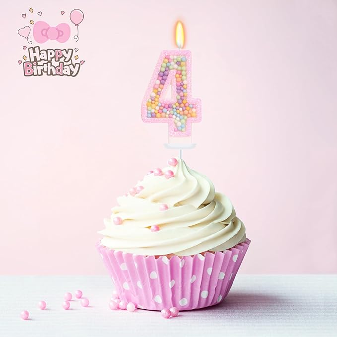 Birthday Candles for Girls - Number 4 Candle, Colorful Macaron Candles, 4 Cake Topper Cake Decorations, 4th Birthday Decorations for Girl, Theme Birthday Party Supplies (Pink)