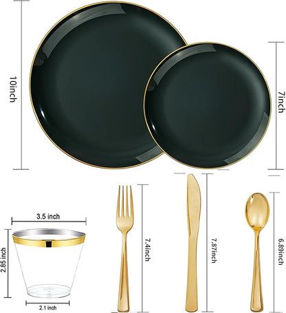 WDF 300Pcs Green Plates Disposable - Heavy Duty Green Plates - 50Guest Christmas Plastic Dinnerware Include 50 Dinner Plate, 50 Dessert Plate, 150 Cutlery & 50 9oz Cups for Christmas Parties