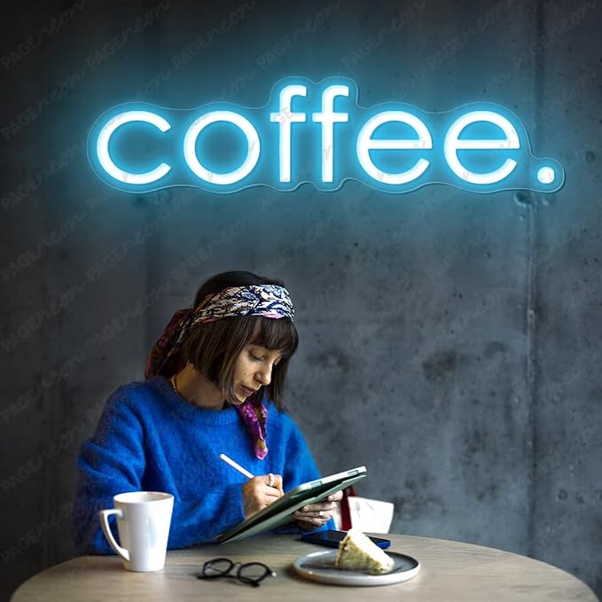 Coffee Neon Sign (32x8'', Remote and Plug included) Cafe Led Light coffee. led light coffee shop decorations wall decor (32x8" - Light Blue)