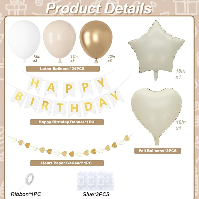 White and Gold Birthday Party Decorations for Women Girls Metallic Gold White Sand Balloon Set with Star Heart Foil Balloons Happy Birthday Bunting Banner Garland Neutral Cream Beige Party Decor Kit