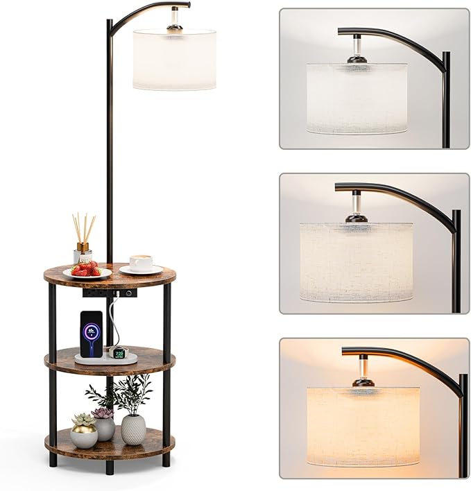 Round Side Table with Lamp and USB Ports, 3-Tier Small End Table for Living Room & Bedroom, Rustic Wood Metal Nightstand for Small Spaces, Easy to Assemble, Rustic Brown