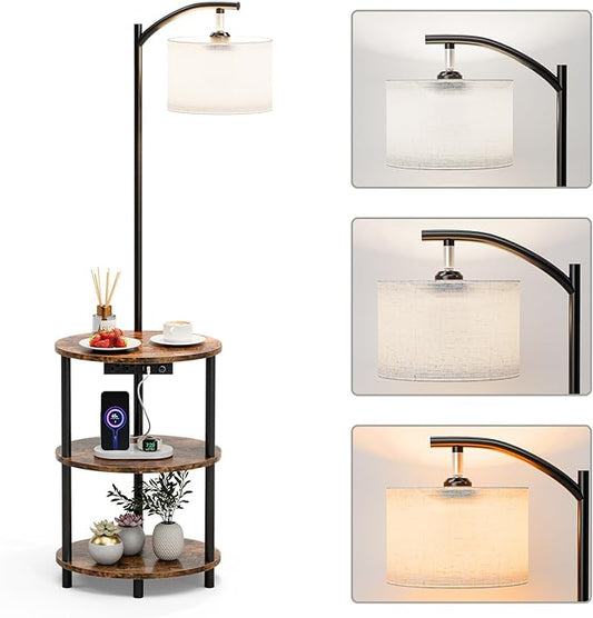 Round Side Table with Lamp and USB Ports, 3-Tier Small End Table for Living Room & Bedroom, Rustic Wood Metal Nightstand for Small Spaces, Easy to Assemble, Rustic Brown