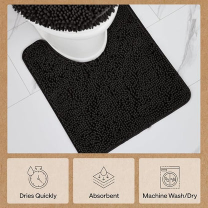 GORILLA GRIP Bathroom Rug Sets 3 Piece, Bath Mat Set and Oval Toilet Base with Rubber Backing, Plush Absorbent Shaggy Chenille Washable Mats, Includes 24x19.5, 24x17 and 30x20 Inch Rugs, Onyx