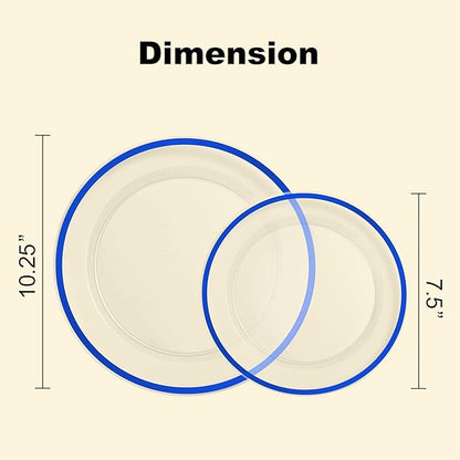 BESTSTAR 100PCS Blue and Clear Plastic Plates, Disposable Plate Set with 50 Dinner Plates and 50 Dessert Plates for Party, National Day, Memorial Day
