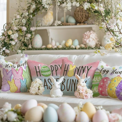 GEEORY Happy Easter Eggs Hello Peeps Throw Pillow Covers 18x18 Inch Set of 4, Hunny Bunny Polka Dots Spring Decorative Farmhouse Holiday Cushion Case for Home Decoration G687-18