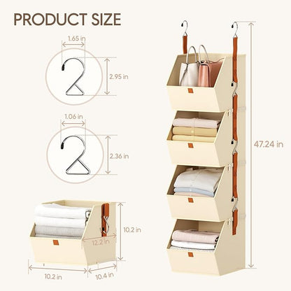 Hanging Closet Organizer 4 Tier - Clothes Hanging Shelves, Space-Saving Closet System, Fabric Storage Bins Bedroom Organization, Collapsible Baskets for Home, Dorm, Rv, Beige