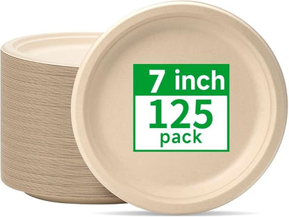 RACETOP Compostable Paper Plates 7 Inch [125 Pack], Disposable Biodegradable Heavy Duty Paper Plates, Made of Natural Sugarcane Fibers, Unbleached Brown, Round