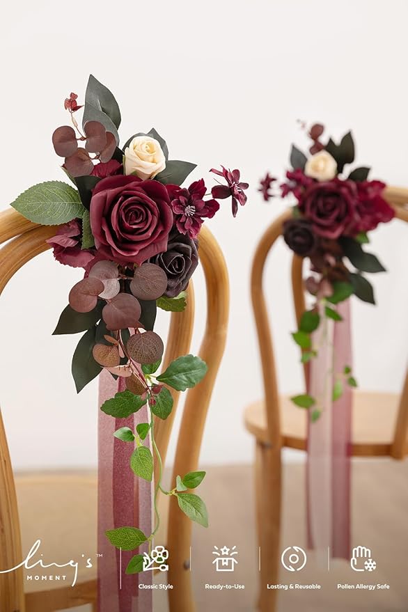 Ling's moment 8 Wedding Artificial Aisle Pew Flowers Chair Decorations Arrangements with Chiffon Ribbons Bordeaux Red for Ceremony Reception Chair Back Floral Decor Reception Church Party Outdoor
