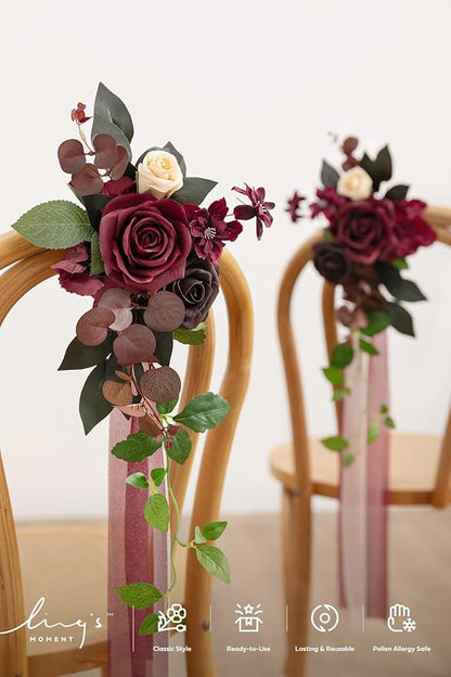 Ling's moment 8 Wedding Artificial Aisle Pew Flowers Chair Decorations Arrangements with Chiffon Ribbons Bordeaux Red for Ceremony Reception Chair Back Floral Decor Reception Church Party Outdoor